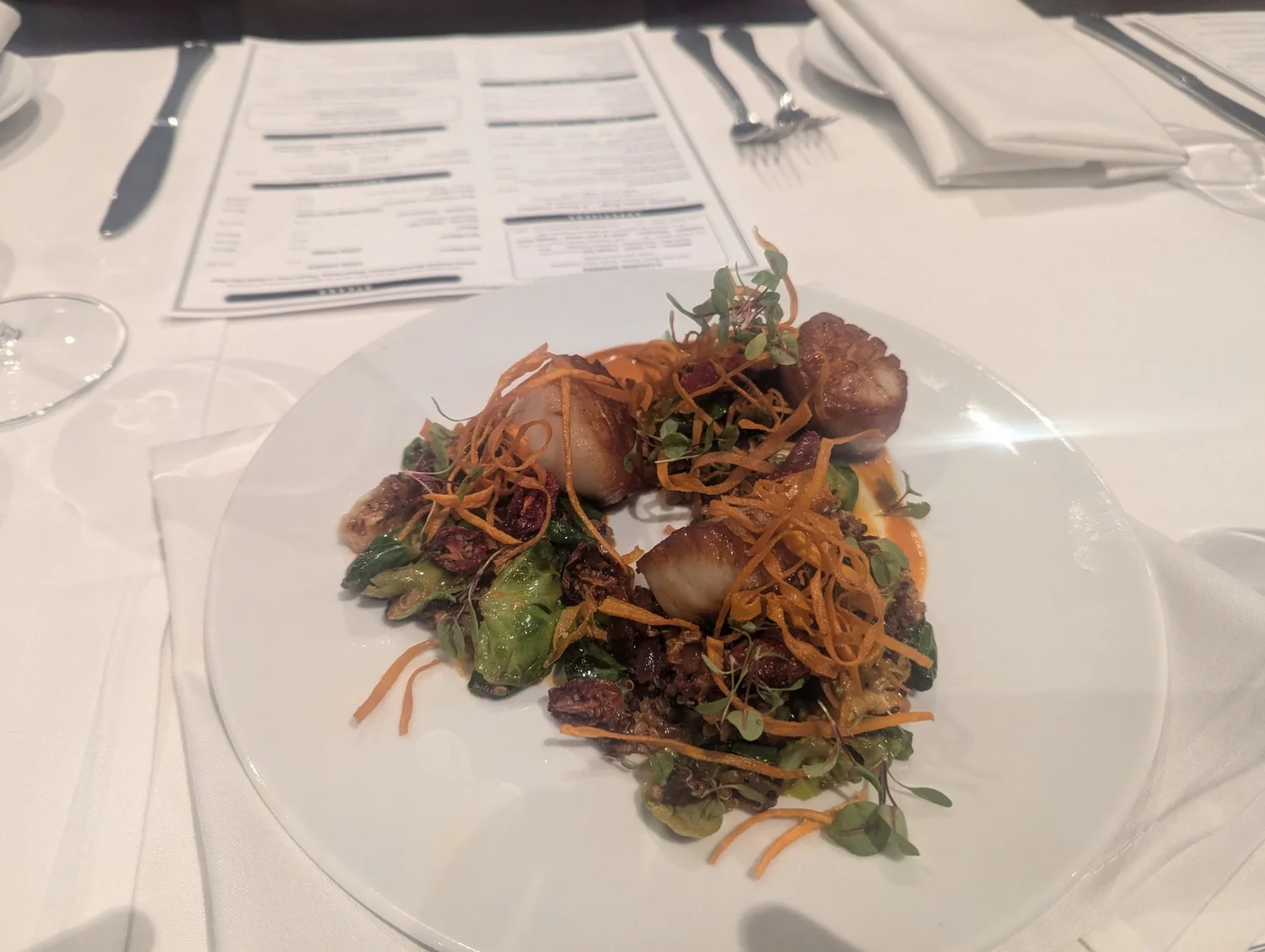 Scallops, Quinoa, Brussels, Charred Tomato Sauce